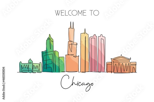 Single continuous line drawing of Chicago city skyline, USA. Famous city scraper and landscape. World travel concept home wall decor poster print art. Modern one line draw design vector illustration