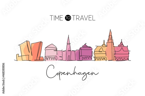 One continuous line drawing of Copenhagen city skyline, Denmark. Beautiful landmark. World landscape tourism travel vacation poster. Editable stylish stroke single line draw design vector illustration