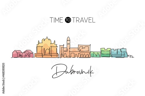 Single continuous line drawing of Dubrovnik city skyline, Croatia. Famous city scraper landscape. World travel concept home wall decor poster print art. Modern one line draw design vector illustration