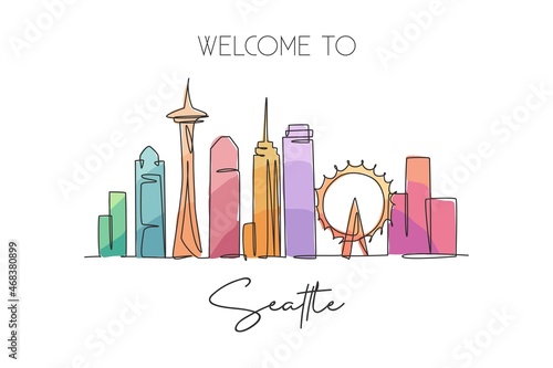 Single continuous line drawing of Seattle city skyline, USA. Famous city scraper and landscape home wall decor poster print art. World travel concept. Modern one line draw design vector illustration