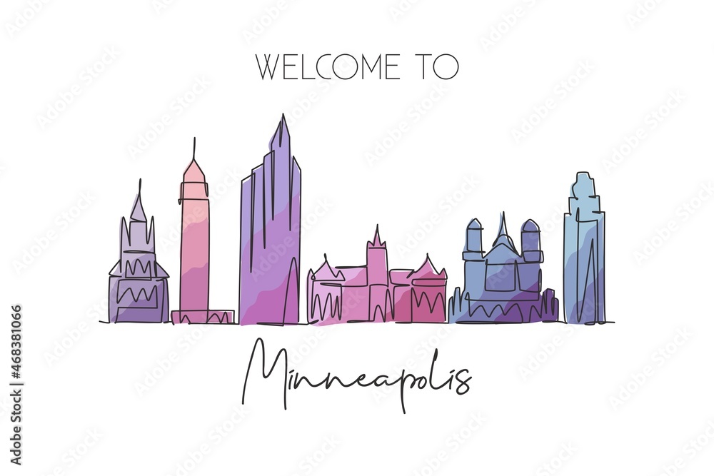One single line drawing of Minneapolis city skyline, USA. Historical town landscape. Best holiday destination home wall decor poster print art. Trendy continuous line draw design vector illustration