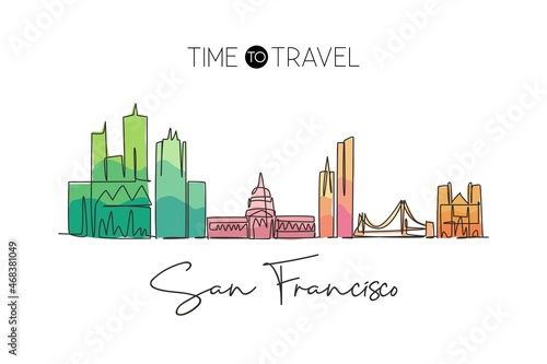 Single continuous line drawing of San Francisco city skyline, United States. Famous landscape. World travel concept home art wall decor poster print. Modern one line draw design vector illustration