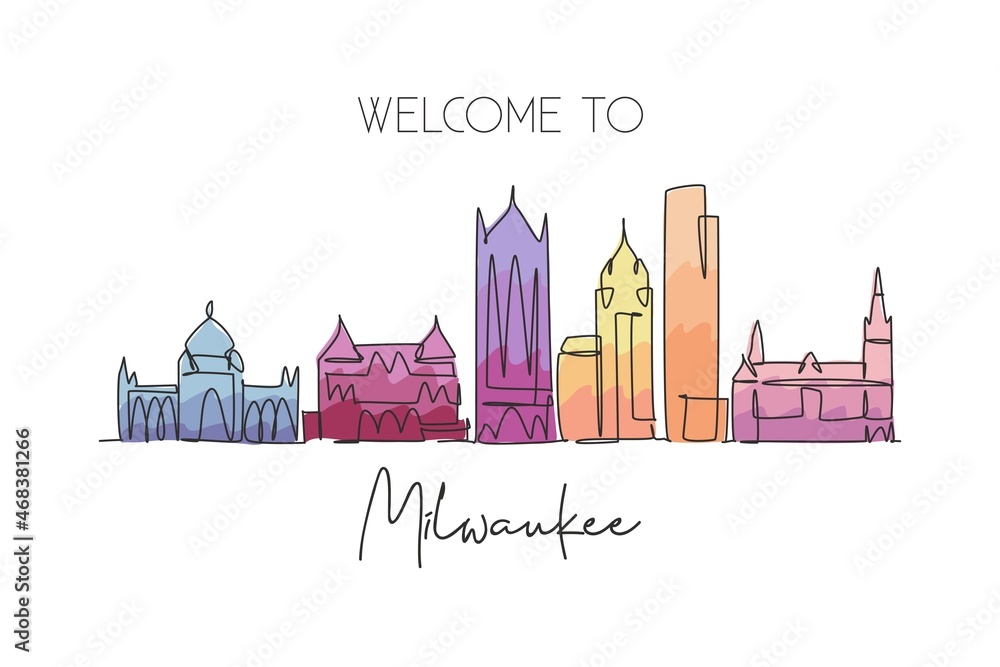 Naklejka premium One single line drawing of Milwaukee city skyline, USA. Historical town landscape. Best holiday destination home wall decor poster print art. Trendy continuous line draw design vector illustration