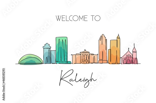 One single line drawing of Raleigh city skyline  United States. Historical town landscape. Best holiday destination wall decor art poster print. Trendy continuous line draw design vector illustration