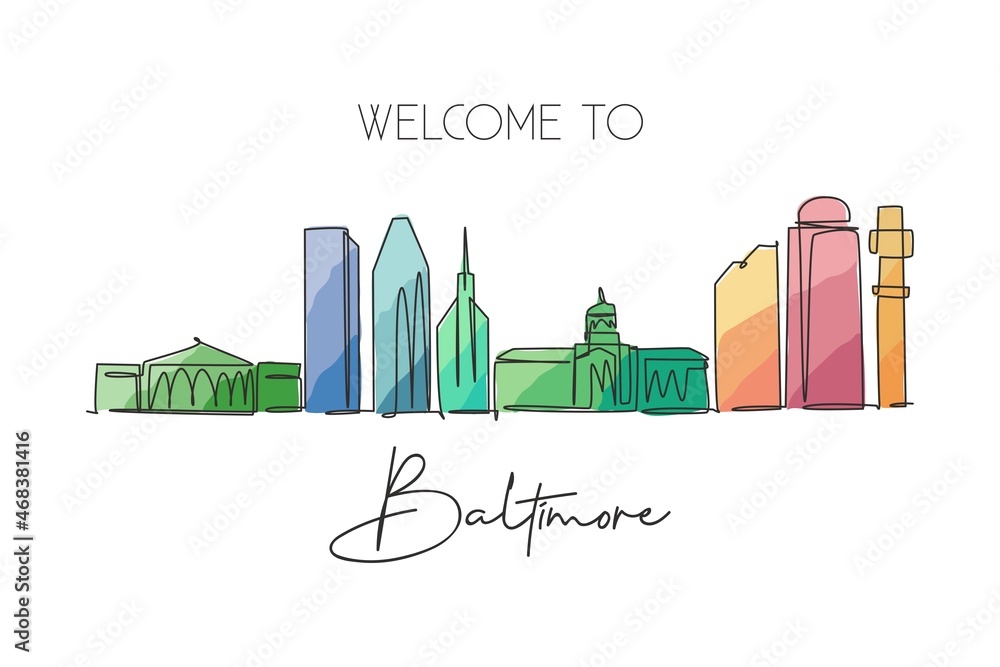 One continuous line drawing of Baltimore city skyline, USA. Beautiful landmark. World landscape tourism travel vacation poster art. Editable stylish stroke single line draw design vector illustration