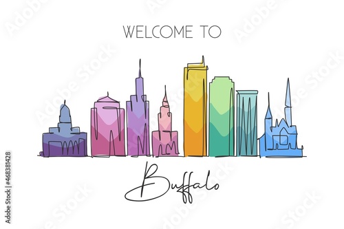 Single continuous line drawing of Buffalo city skyline, USA. Famous city scraper and landscape. World travel concept home wall decor poster print art. Modern one line draw design vector illustration