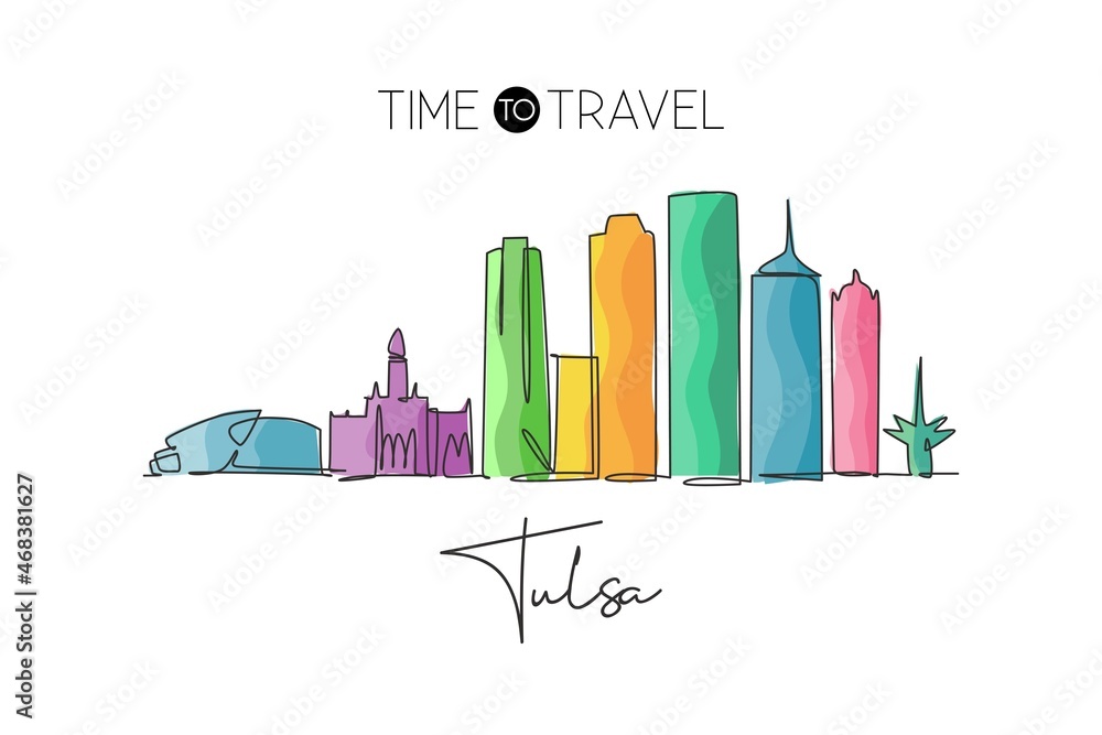 One continuous line drawing of Tulsa city skyline, Oklahoma. Beautiful landmark. World landscape tourism travel vacation poster art. Editable stylish stroke single line draw design vector illustration