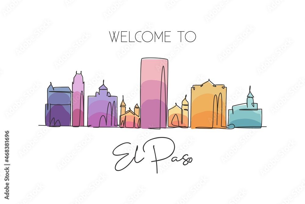 One single line drawing of El Paso city skyline, Texas. Historical town landscape. Best holiday destination home wall art decor poster print. Trendy continuous line draw design vector illustration