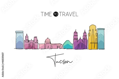 One single line drawing of Tucson city skyline, Arizona. Historical town landscape in the world. Best holiday destination poster. Editable stroke trendy continuous line draw design vector illustration