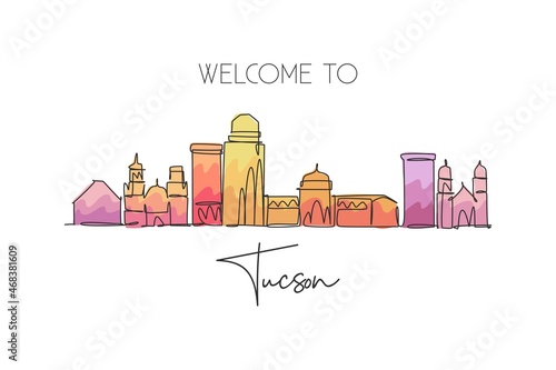 Single continuous line drawing of Tucson city skyline, Arizona. Famous city scraper landscape. World travel concept home wall decor art poster print. Modern one line draw design vector illustration