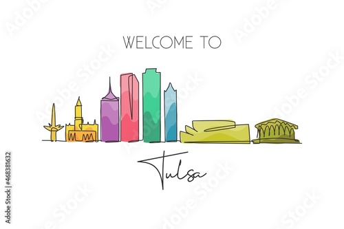 Single continuous line drawing Tulsa city skyline, Oklahoma. Famous city scraper and landscape. World travel concept home wall decor art poster print. Modern one line draw design vector illustration