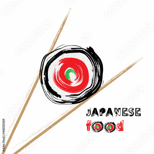 Chopsticks Holding Sushi Roll Frame. Concept illustration of snack, sushi, exotic nutrition, sea food. Template for sushi restaurant, cafe, delivery or your business works.