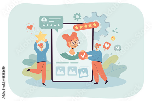 PR managers working online on personal brand for influencer. Tiny people advertising web profile of woman on mobile phone screen flat vector illustration. Self identity, awareness, presence concept