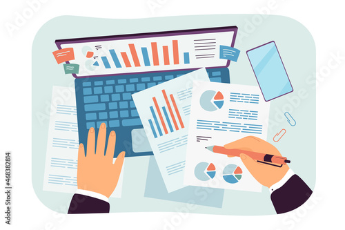 Audit research of business documents by accountant analyst. Hands of office worker analyzing report charts, studying with laptop flat vector illustration. Paperwork, analytic technology concept