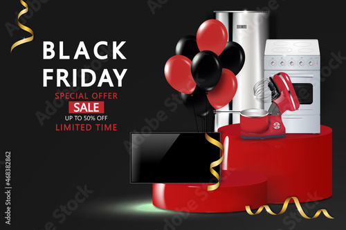 The concept of a Black Friday sale poster for the purchase of electrical appliances and household appliances. 3D rendering isolated on a black background