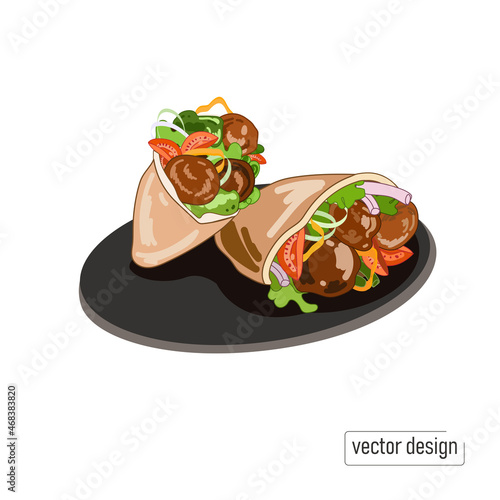 Falafel balls in pita bread with vegetables and lettuce, on a white background.Vector illustration of falafel drawing in doodle style, Vegan healthy food,Street food
