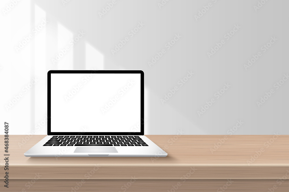 Office desk with laptop computer white screen on wooden table front view in white room modern. The sunlight shining through the freckles will reflect on the wall. Realistic 3D vector illustration. Office desk with laptop computer white screen on wooden table front view in white room modern. The sunlight shining through the freckles will reflect on the wall. Realistic 3D vector illustration.