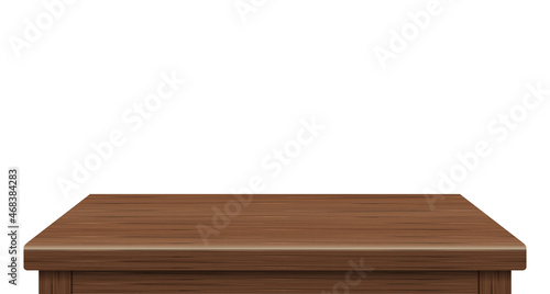 Empty wooden table side view of free space, For your copy branding. Used for display or montage products. Vintage style concept. Wood brown realistic surface isolated on white background. 3D Vector.
