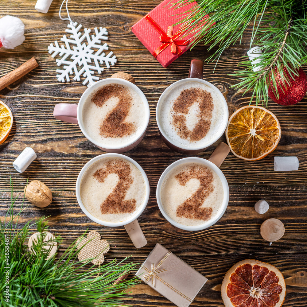 Christmas 2022 Coffee Card With Numbers 2022 For New Year And Christmas. Cup Of Coffee With  Figures On Wooden Background. Top View. Flat Lay Stock Photo | Adobe Stock