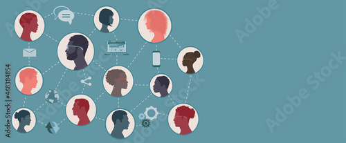 Social network connection banner copy space.Business people connected.Online communication between group colleagues co-workers or customers. Global network connectivity Community concept