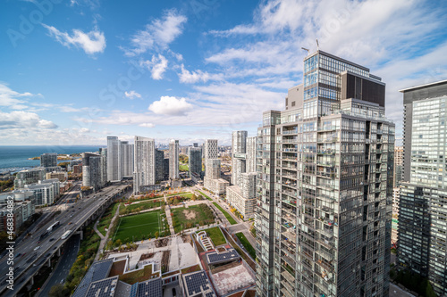 Photography Toronto skyline Gardiner expressway and parks in the city blue sky and clouds
