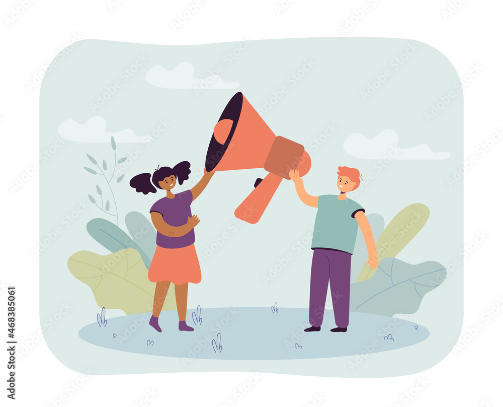 Cute boy and girl making announcement through huge megaphone. Caucasian and black students holding loudspeaker flat vector illustration. Communication, education, information concept for banner Cute boy and girl making announcement through huge megaphone. Caucasian and black students holding loudspeaker flat vector illustration. Communication, education, information concept for banner