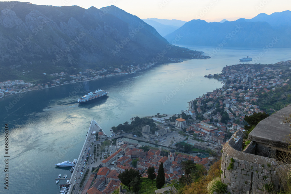 Boko-Kotor Bay with cruise ships at sunset. The concept of tourism in Montenegro.