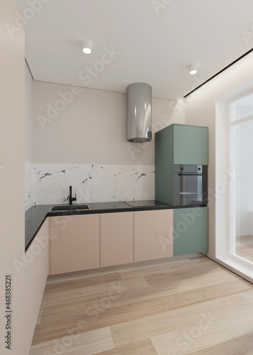 Small kitchen interior in modern style with green accents. 3D rendering.