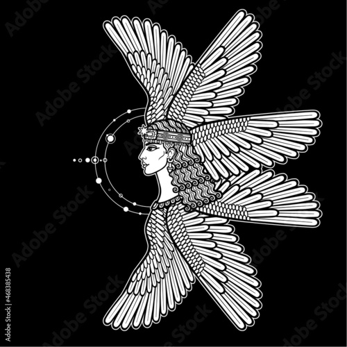 Cartoon drawing: beautiful winged woman, character in Assyrian mythology. Ishtar, Astarta, Inanna. Profile view. Orbits of planets, space symbols. Vector illustration isolated on a black background.