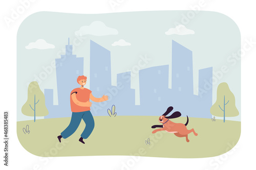 Cute cartoon boy playing with dog outside. Landscape with puppy running towards child in city park flat vector illustration. Outdoor activity, pets concept for banner, website design or landing page