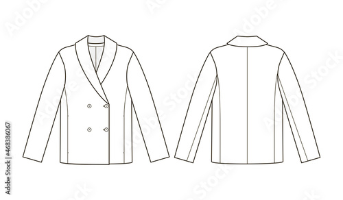 Fashion technical drawing of double-breasted jacket with shawl collar