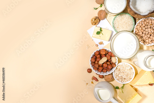 Vegan non-dairy products. Plant-based alternative dairy products     milk  cream  butter  yogurt  cheese  with ingredients - chickpeas  oatmeal  rice  coconut  nuts