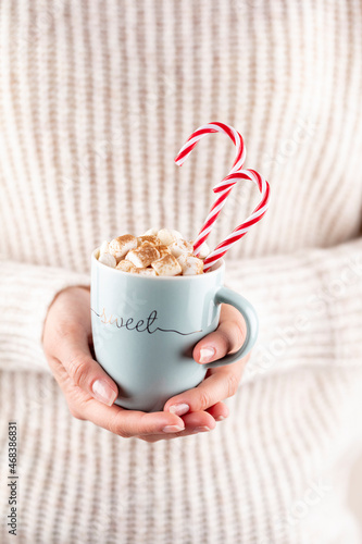 Girl in knitted wool sweater is holding a mug with hot chocolate with marshmallow.