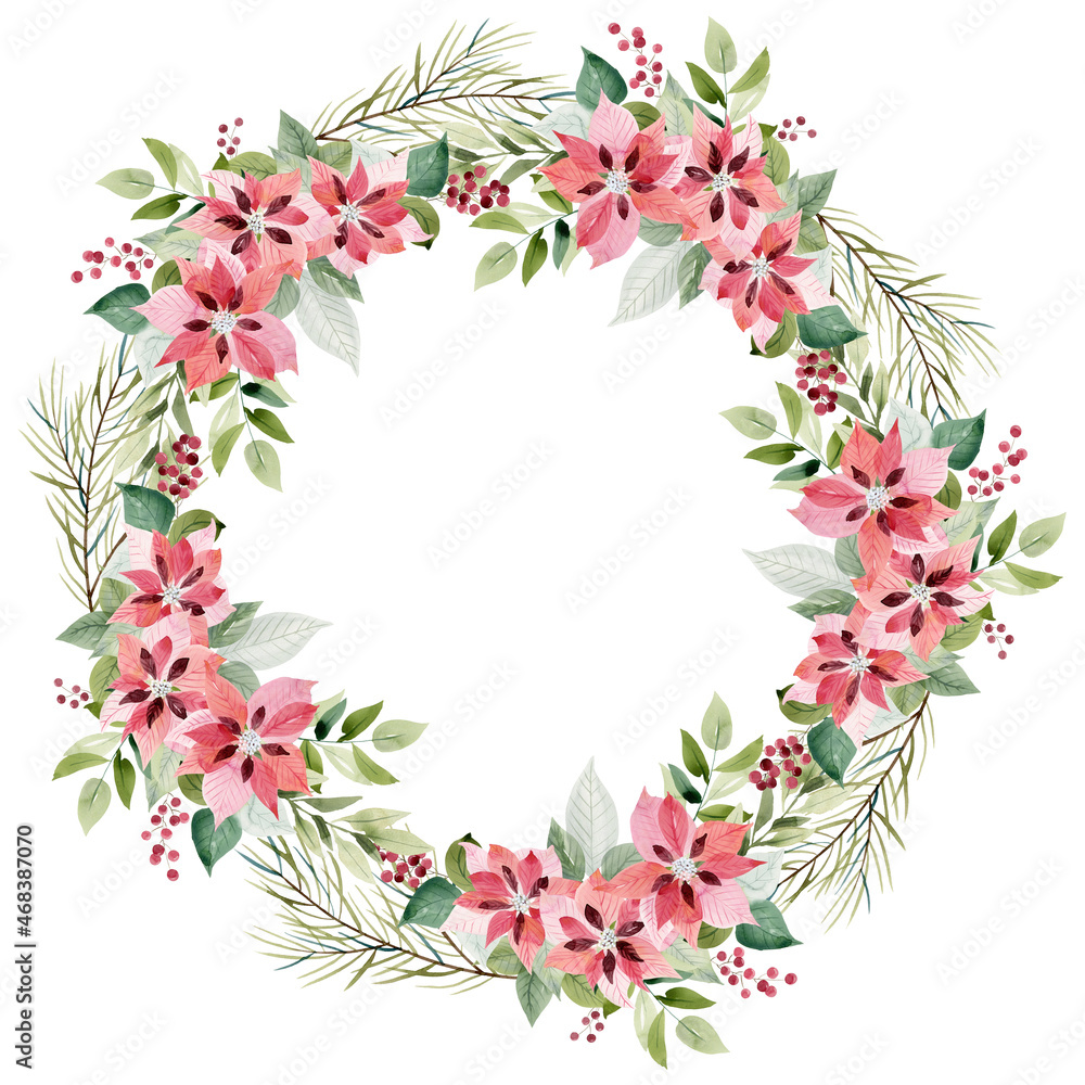 Watercolor christmas wreath with poinsettia.