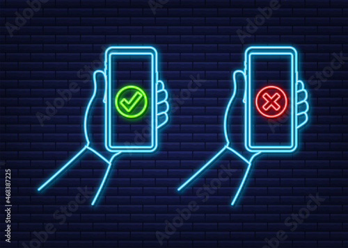 Hands holding smartphones with checkmarks set. Tick and cross check marks. Vector stock illustration