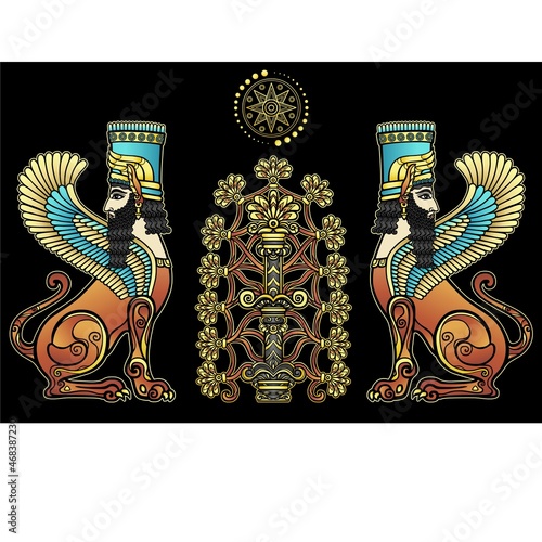 Animation color drawing: magical winged lions sit at the sacred tree. Character in Assyrian mythology. Vector illustration isolated on a black background. 