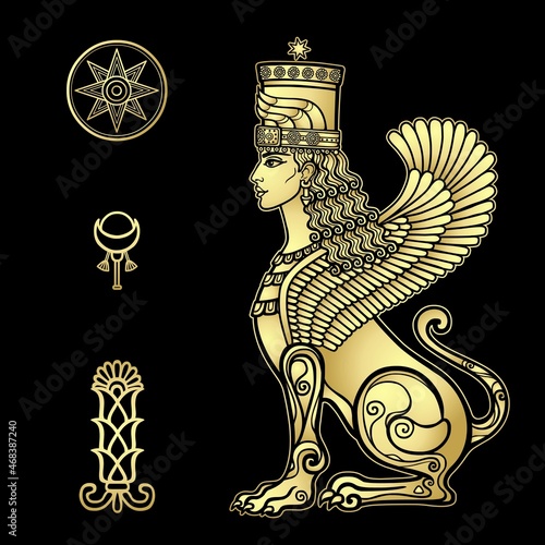 Animation drawing: sphinx woman with lion body and wings, character in Assyrian mythology. Ishtar, Astarta, Inanna. Sumerian symbols. Vector gold illustration isolated on a black  background. photo