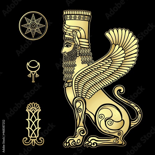 Animation drawing: sphinx man with lion body and wings, a character in Assyrian mythology.  Sumerian symbols.  Imitation of gold. Vector illustration isolated on a black  background. photo