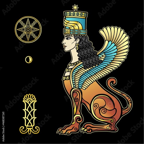 Animation color drawing: sphinx woman with lion body and wings, a character in Assyrian mythology. Ishtar, Astarta, Inanna. Sumerian symbols. Vector illustration isolated on a black background. 