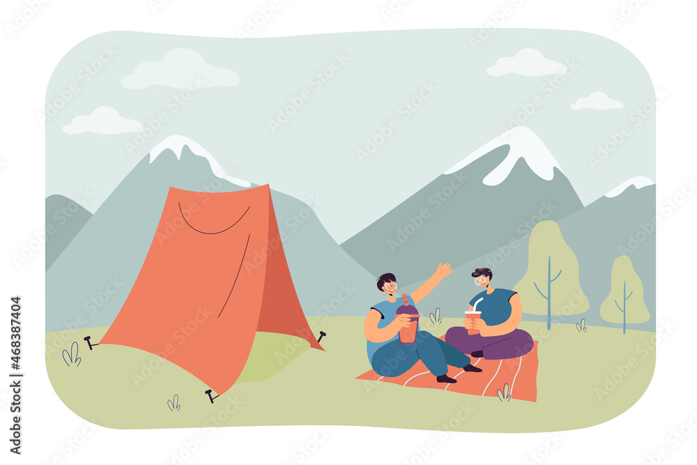 Cartoon couple on date at campsite in mountains. Girlfriend and boyfriend sitting on blanket in front of tent flat vector illustration. Romance, vacation, camping concept for banner or website design