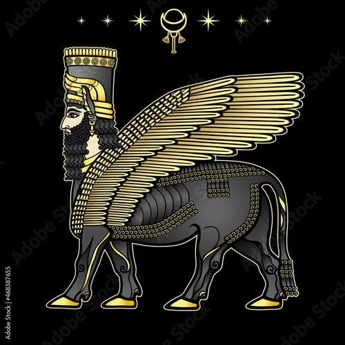 Animation drawing: Assyrian mythical deity Shedu - winged bull with  head of person. Character in Sumerian mythology. Vector illustration isolated on a black background. photo