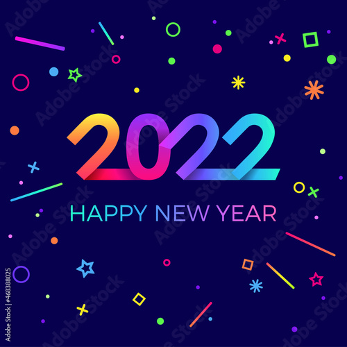 2022 Happy New Year. Paper memphis geometric style for holidays flyers and Happy New Year cards.