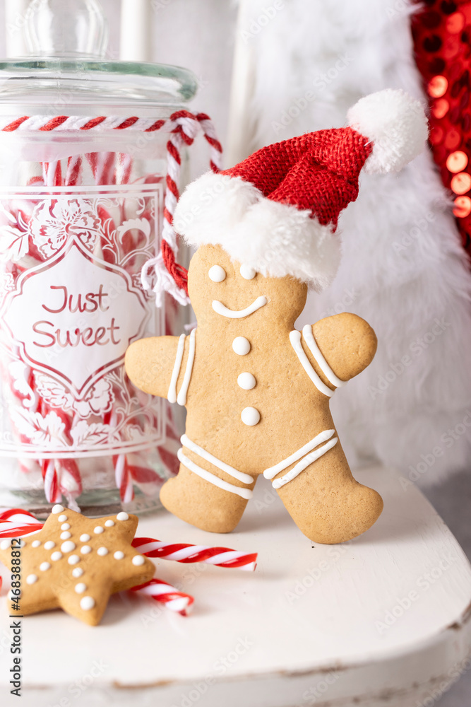 Gingerbread with mug of hot chocolate and candy cane.