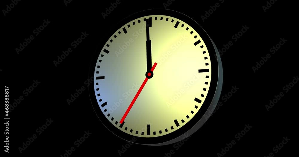 3D Wall Clock animation with ticking second hand, show the last 30 seconds till midnight