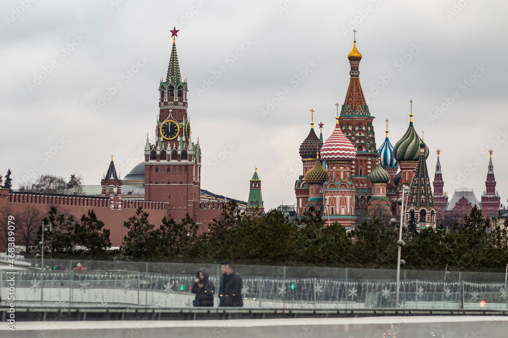 Russia. Spring. Evening. Moscow. View of the Kremlin from the side of the Zaryadye bridge. Russia. Spring. Evening. Moscow. View of the Kremlin from the side of the Zaryadye bridge.