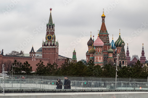 Russia. Spring. Evening. Moscow. View of the Kremlin from the side of the Zaryadye bridge.
