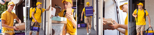 One working day of young deliveryman. Courier in yellow uniform delivers order to clients, customers, buyers. Collage photo