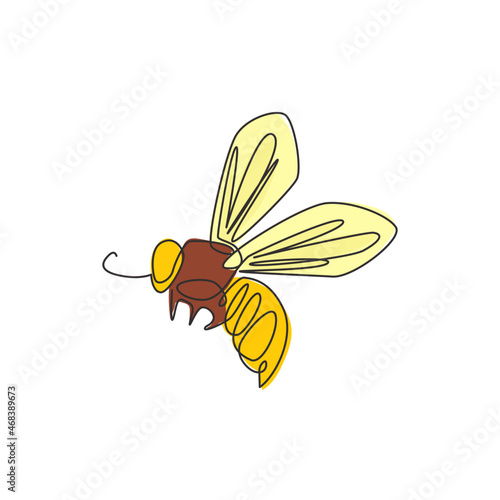One single line drawing of cute bee for company logo identity. Honeybee farm icon concept from wasp animal shape. Trendy continuous line draw design vector graphic illustration