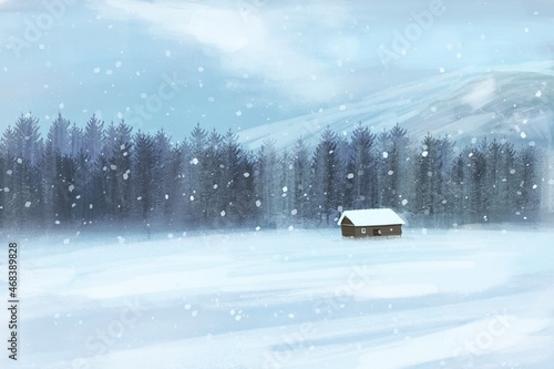 Winter landscape with snow and house