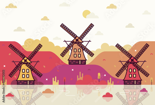 Mills next to the river. Vector cartoon illustration in flat stile